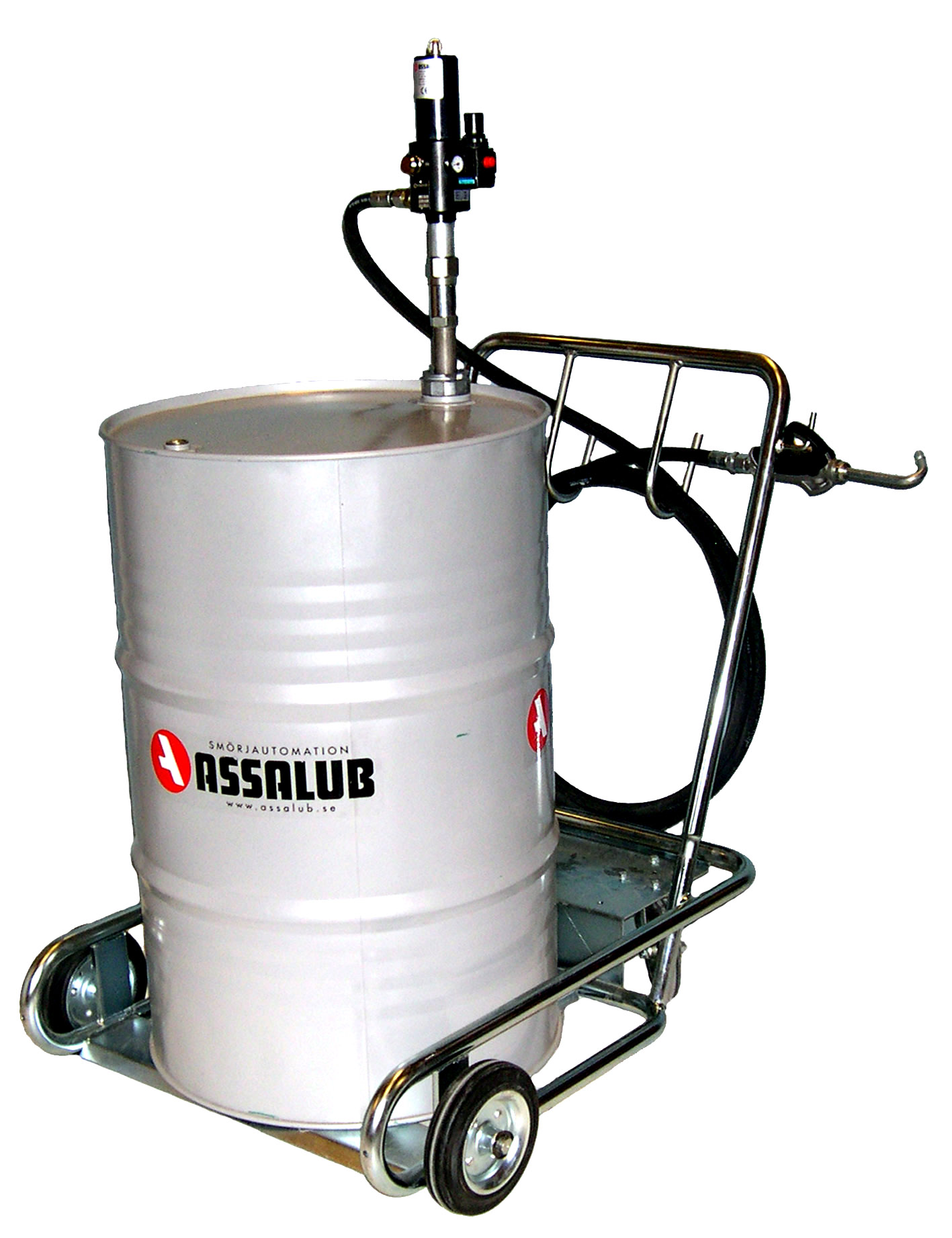 Mobile oil unit, for 1/1-drum, with air-operated pump, ratio 1:3 and  digital hand meter